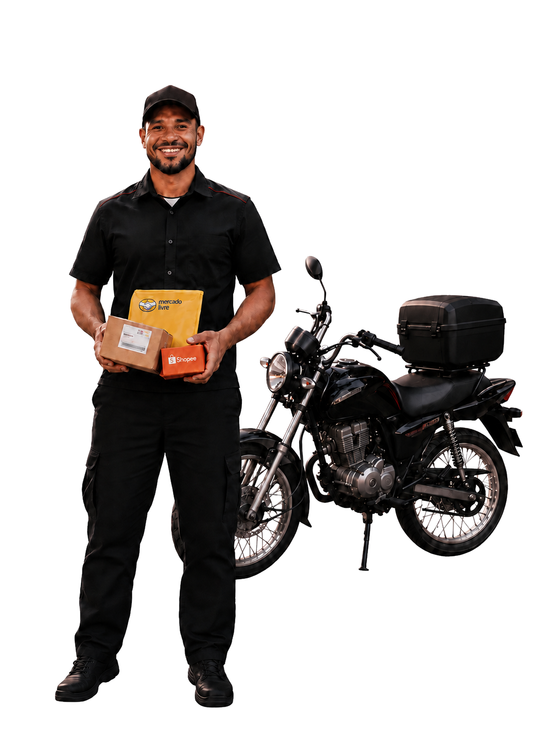 Entregador profissional com pequenas encomendas de e-commerce e moto urbana de entrega