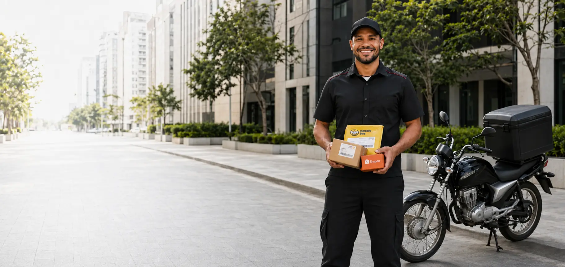 Entregador profissional com pequenas encomendas de e-commerce e moto urbana de entrega